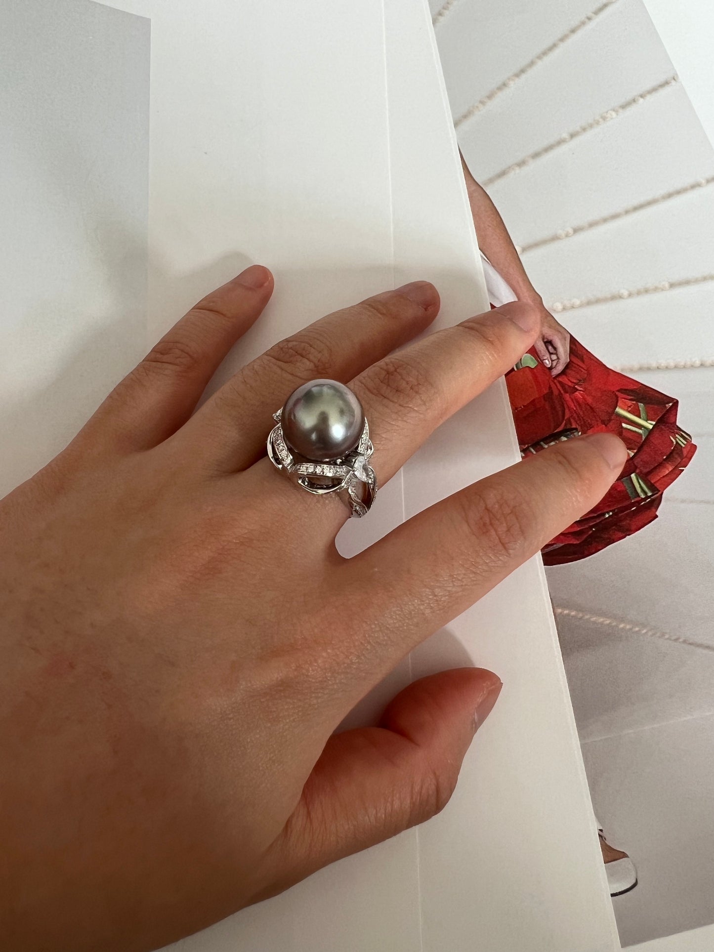 Natural Tahitian saltwater black grey pearl ring 12.9mm round