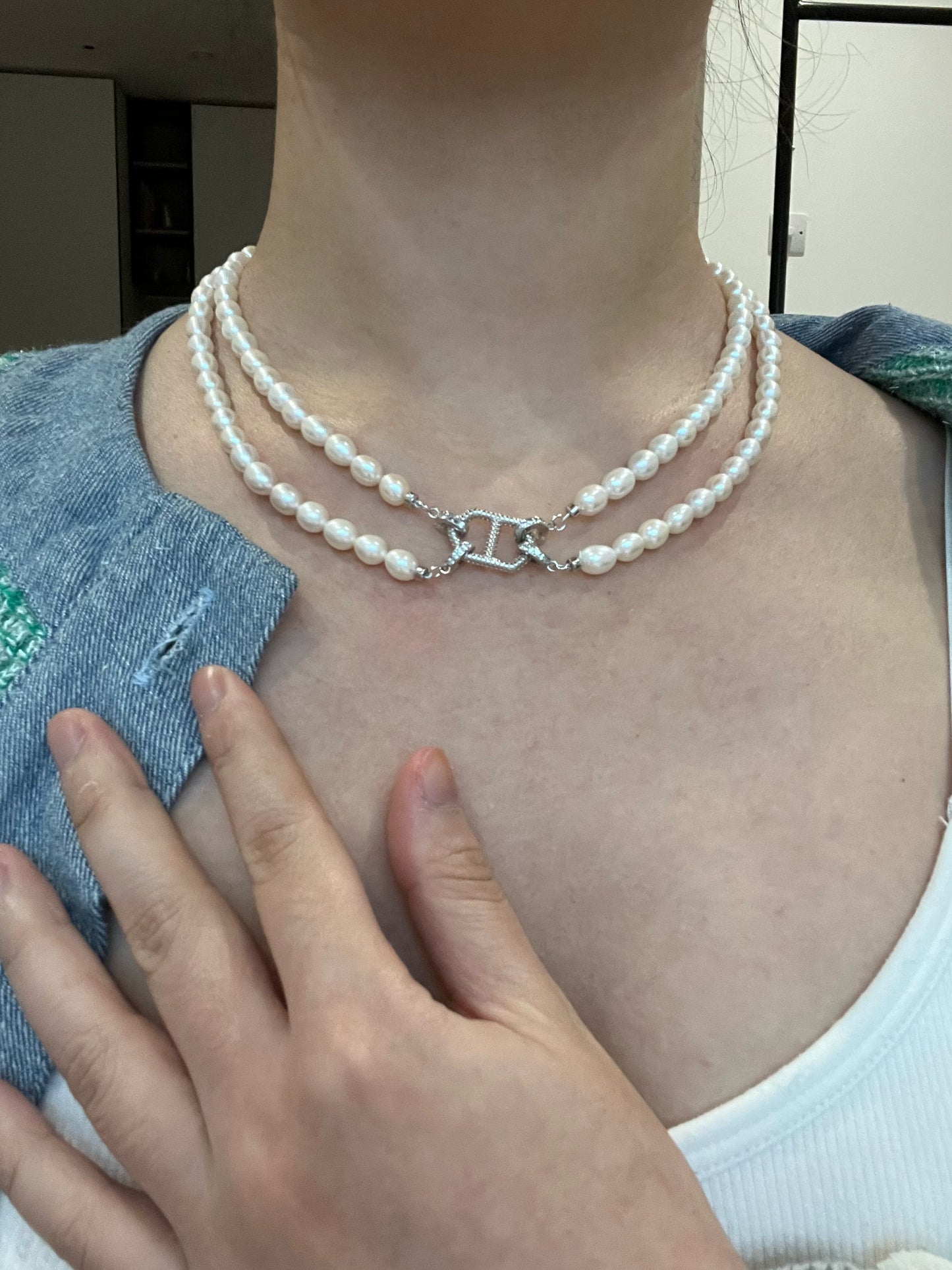 Freshwater double millet pearl,Natural pearl with sterling silver and zircon diamond