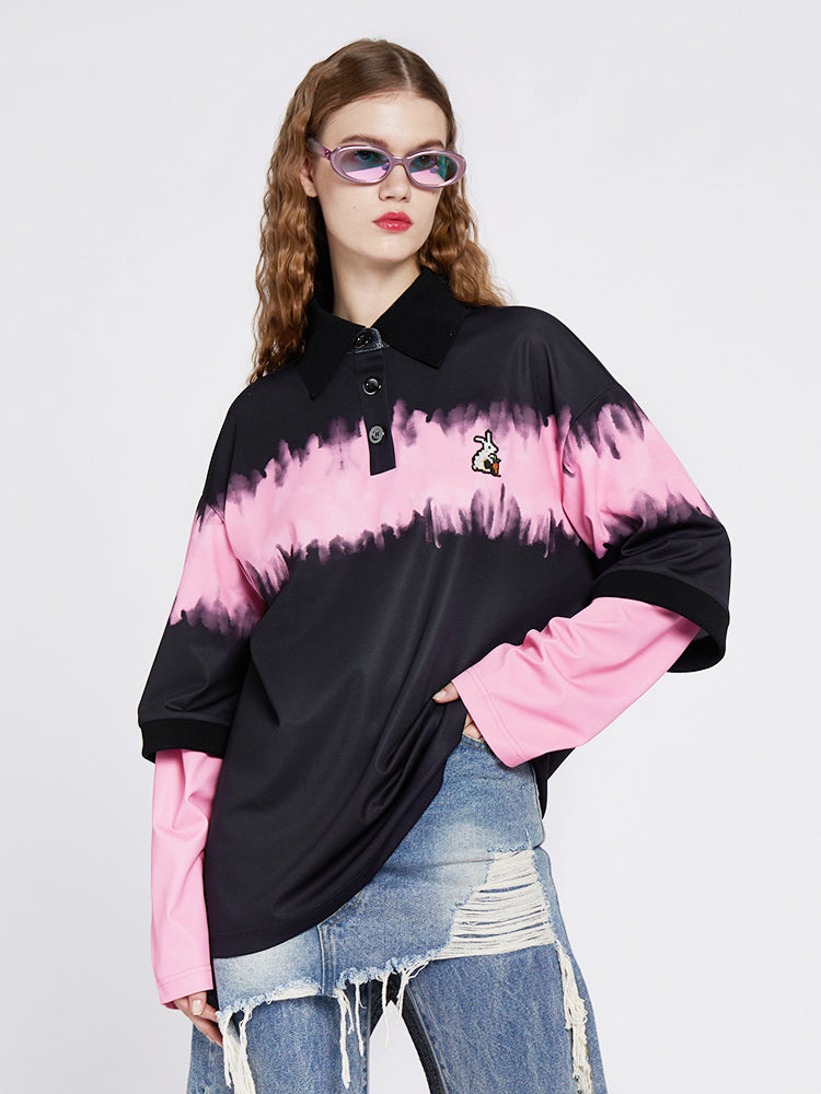 Embroidered Rabbit Street Style Color Block Polo Long Sleeve Sweatshirt