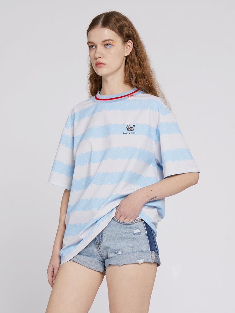 Refreshing Blue and White Striped Color Block T-shirt