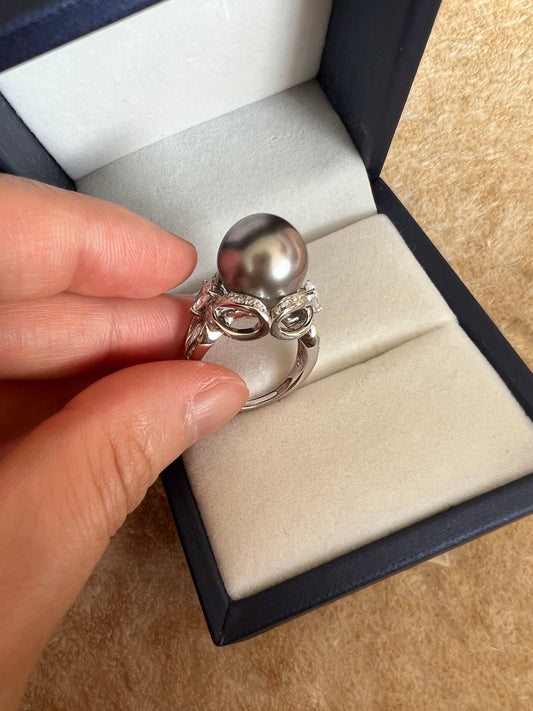 Natural Tahitian saltwater black grey pearl ring 12.9mm round