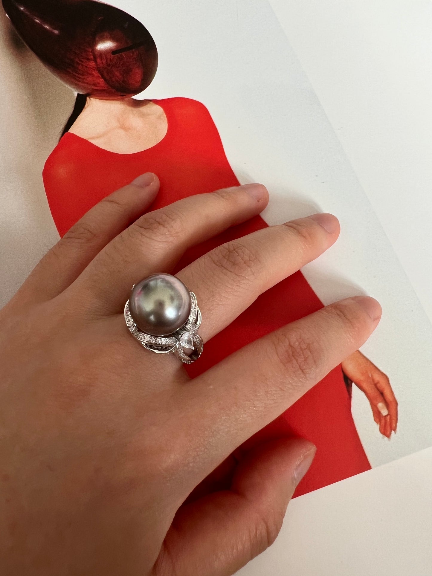 Natural Tahitian saltwater black grey pearl ring 12.9mm round