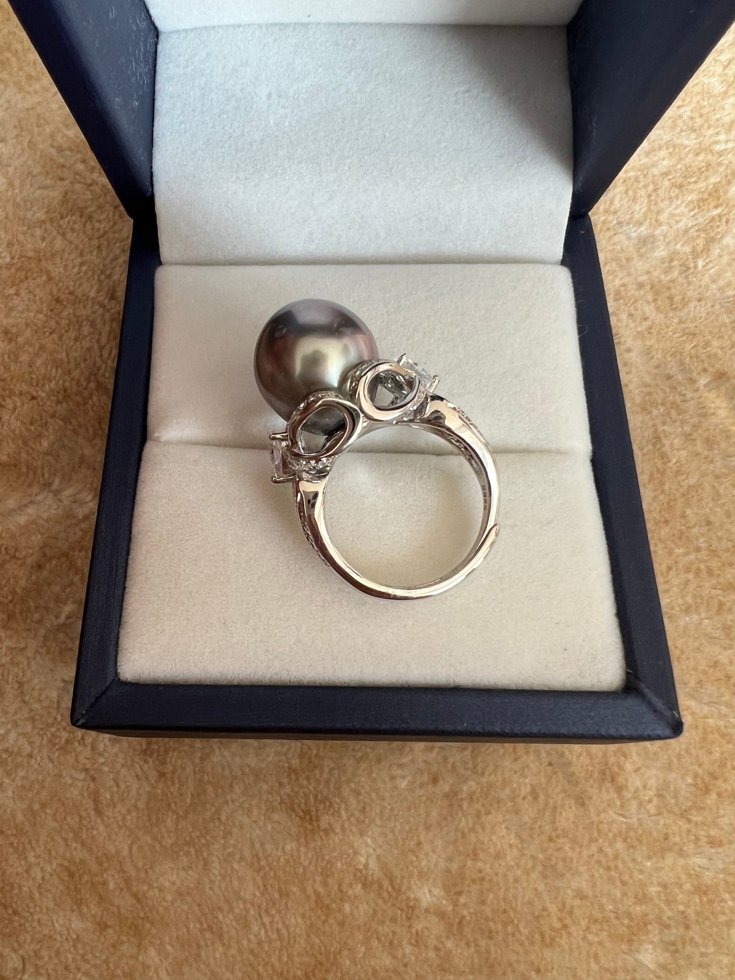 Natural Tahitian saltwater black grey pearl ring 12.9mm round