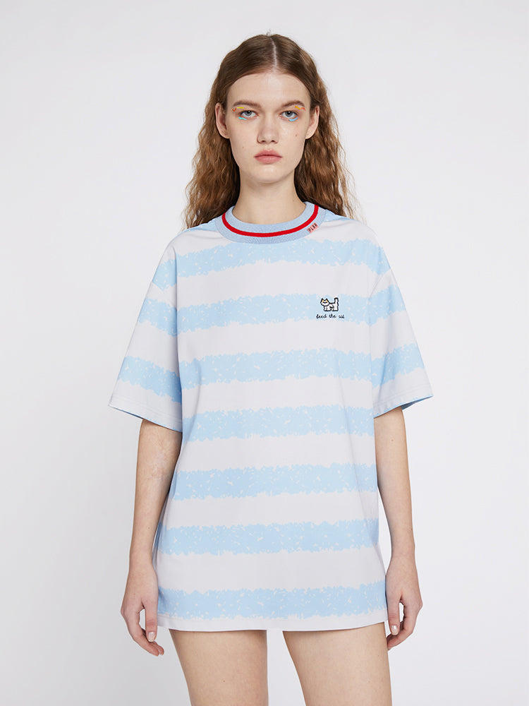 Refreshing Blue and White Striped Color Block T-shirt