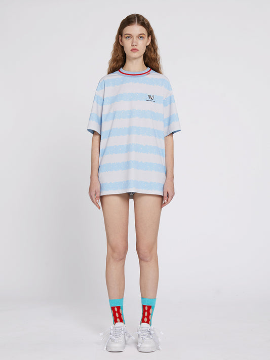 Refreshing Blue and White Striped Color Block T-shirt