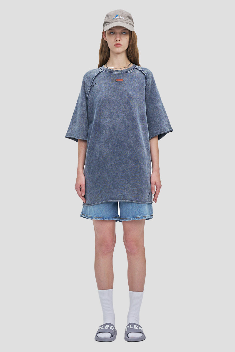 Vintage Denim Leather Patch Wax Dyed T-shirt