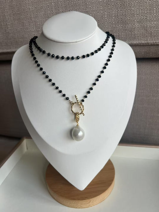Moonlight –Australian White Baroque Pearl with Obsidian Chain